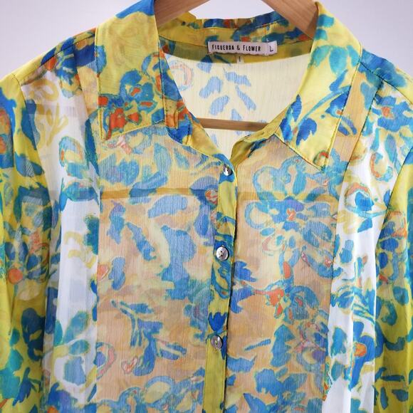 Figueroa & Flower Shirt Womens Large Multicolor Floral Sheer Tunic Roll Tab - Picture 6 of 9